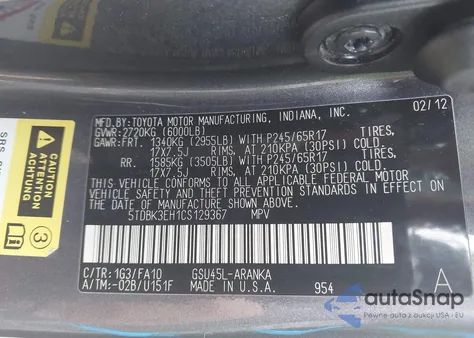 2012 Toyota Highlander Base V6 z USA, uszkodzony, nr VIN 5TDBK3EH1CS129367